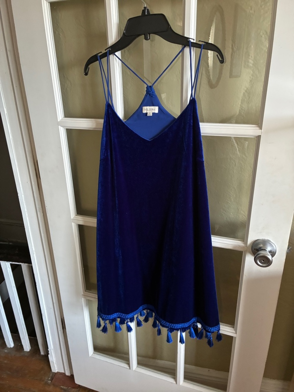 Velzera Cobalt Blue Velvet Slip Dress with Tassel Back
